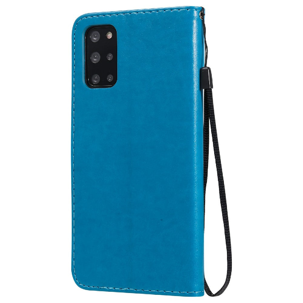 KT Imprinting Flower Series-4 Cat and Bee Pattern Imprinted Protective Cover Stand Wallet Leather Case for Samsung Galaxy S20 Plus 4G/5G - Blue