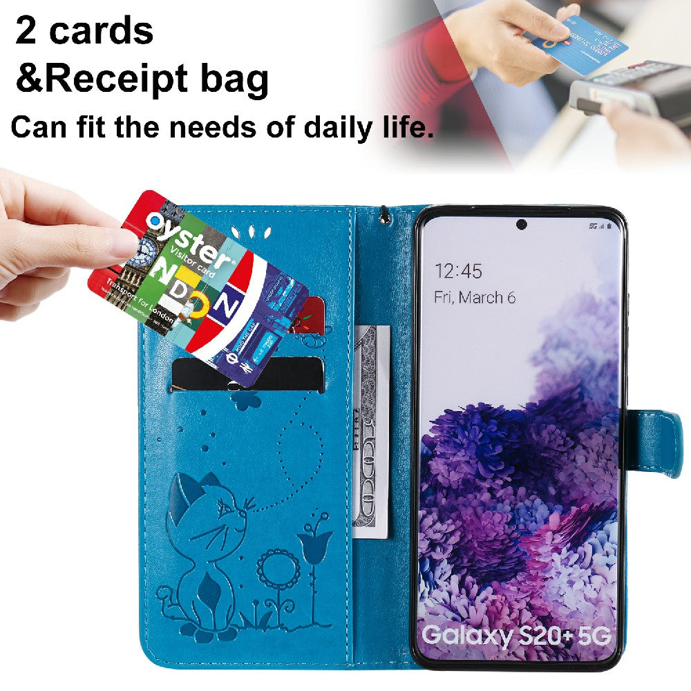 KT Imprinting Flower Series-4 Cat and Bee Pattern Imprinted Protective Cover Stand Wallet Leather Case for Samsung Galaxy S20 Plus 4G/5G - Blue
