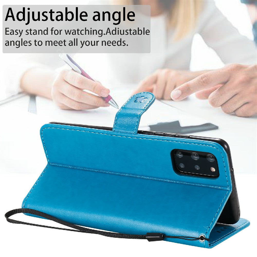 KT Imprinting Flower Series-4 Cat and Bee Pattern Imprinted Protective Cover Stand Wallet Leather Case for Samsung Galaxy S20 Plus 4G/5G - Blue