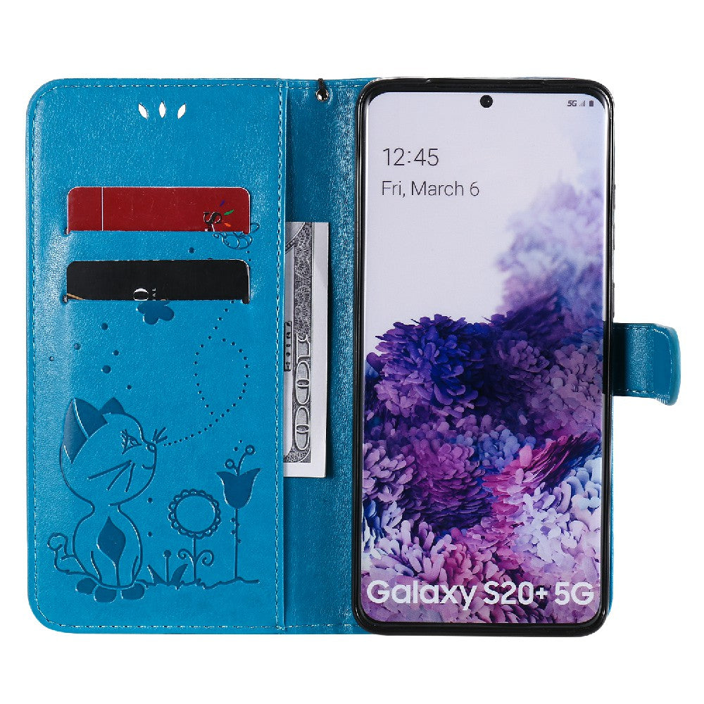 KT Imprinting Flower Series-4 Cat and Bee Pattern Imprinted Protective Cover Stand Wallet Leather Case for Samsung Galaxy S20 Plus 4G/5G - Blue
