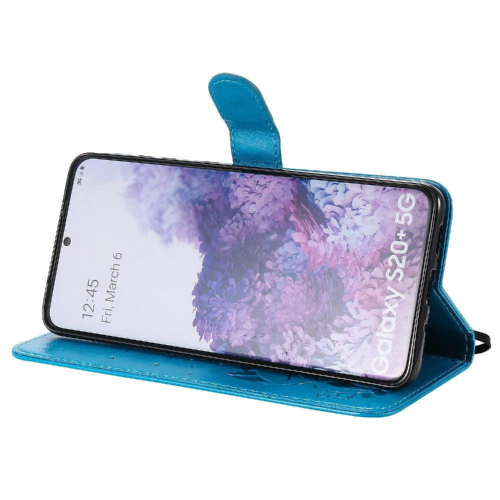 KT Imprinting Flower Series-4 Cat and Bee Pattern Imprinted Protective Cover Stand Wallet Leather Case for Samsung Galaxy S20 Plus 4G/5G - Blue