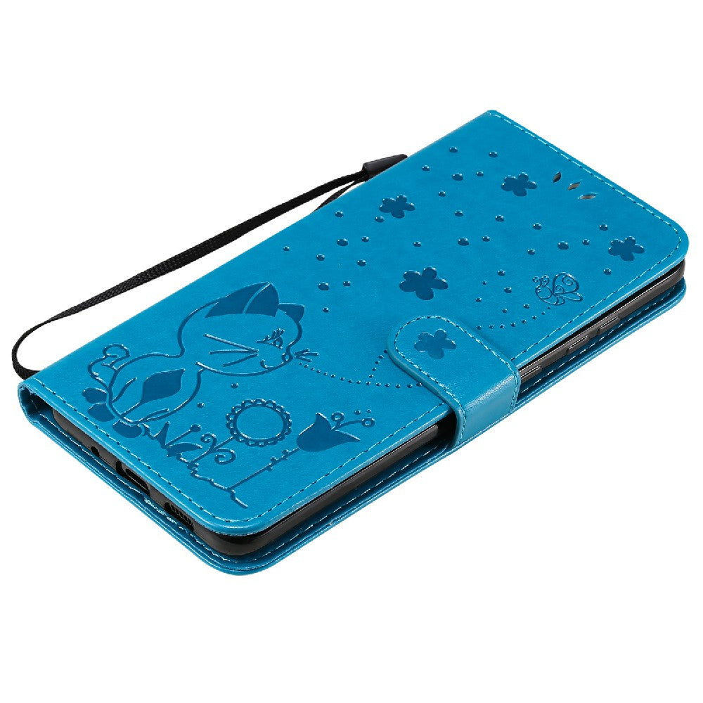 KT Imprinting Flower Series-4 Cat and Bee Pattern Imprinted Protective Cover Stand Wallet Leather Case for Samsung Galaxy S20 Plus 4G/5G - Blue