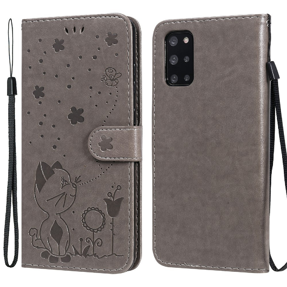 KT Imprinting Flower Series-4 Cat and Bee Pattern Imprinted Protective Cover Stand Wallet Leather Case for Samsung Galaxy S20 Plus 4G/5G - Grey