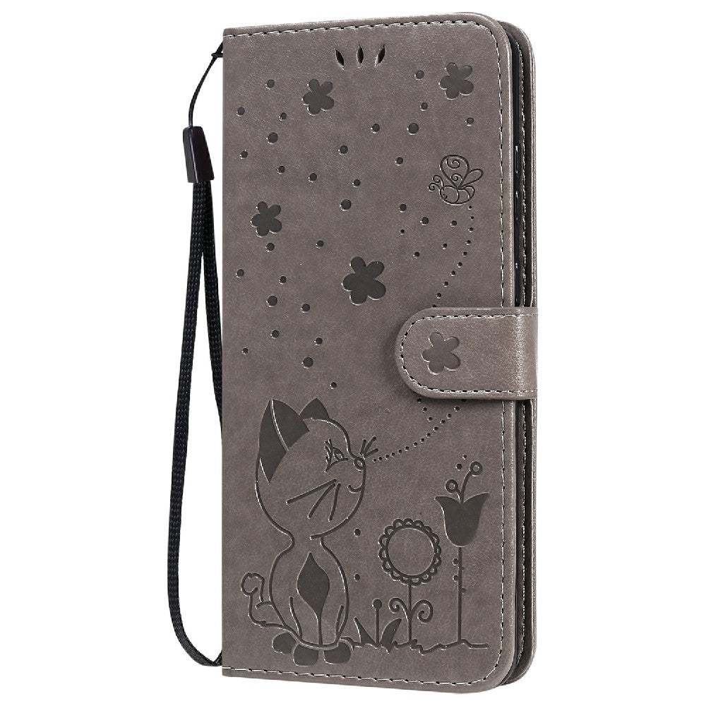 KT Imprinting Flower Series-4 Cat and Bee Pattern Imprinted Protective Cover Stand Wallet Leather Case for Samsung Galaxy S20 Plus 4G/5G - Grey