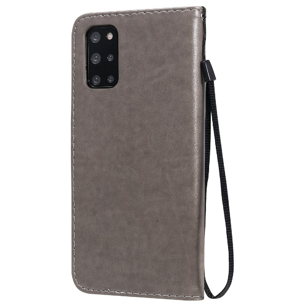 KT Imprinting Flower Series-4 Cat and Bee Pattern Imprinted Protective Cover Stand Wallet Leather Case for Samsung Galaxy S20 Plus 4G/5G - Grey