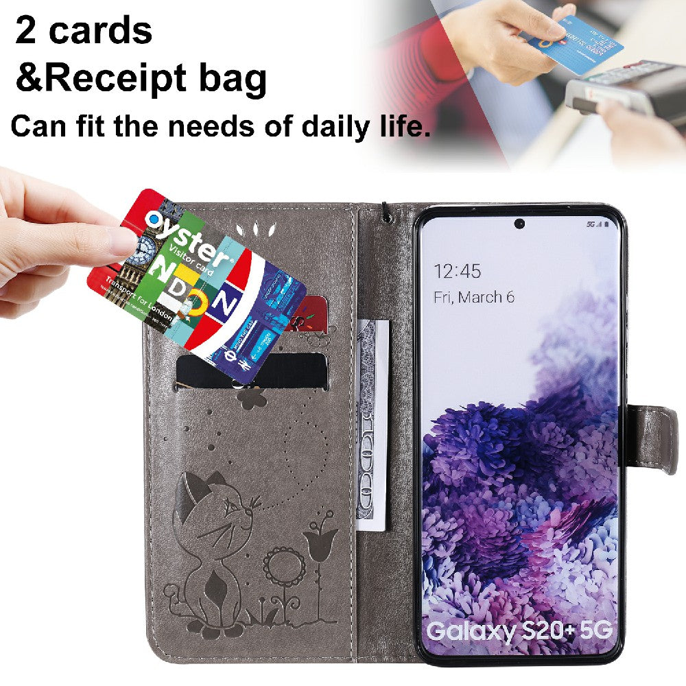 KT Imprinting Flower Series-4 Cat and Bee Pattern Imprinted Protective Cover Stand Wallet Leather Case for Samsung Galaxy S20 Plus 4G/5G - Grey