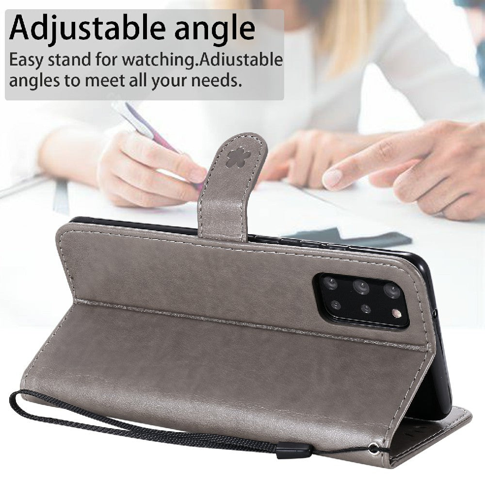 KT Imprinting Flower Series-4 Cat and Bee Pattern Imprinted Protective Cover Stand Wallet Leather Case for Samsung Galaxy S20 Plus 4G/5G - Grey