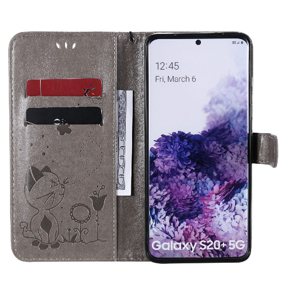 KT Imprinting Flower Series-4 Cat and Bee Pattern Imprinted Protective Cover Stand Wallet Leather Case for Samsung Galaxy S20 Plus 4G/5G - Grey