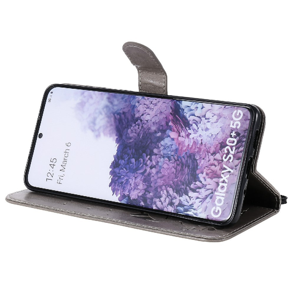 KT Imprinting Flower Series-4 Cat and Bee Pattern Imprinted Protective Cover Stand Wallet Leather Case for Samsung Galaxy S20 Plus 4G/5G - Grey