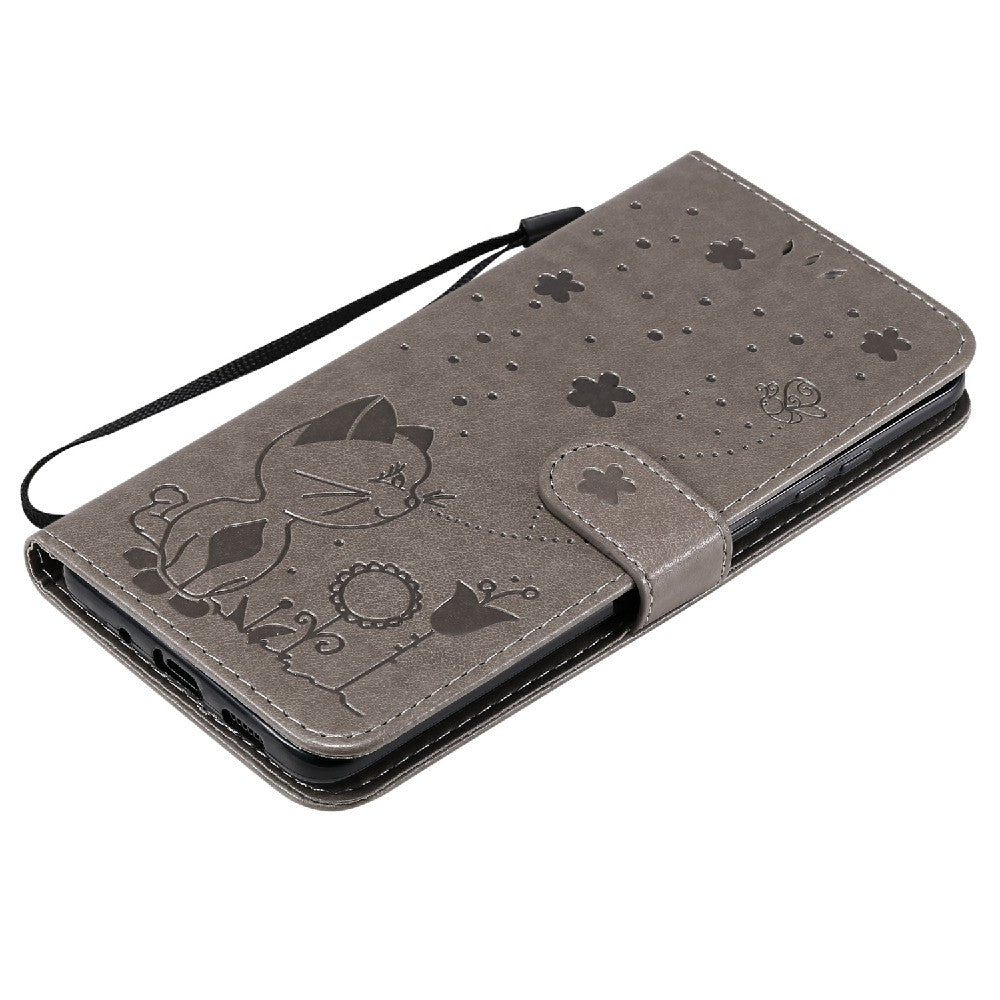 KT Imprinting Flower Series-4 Cat and Bee Pattern Imprinted Protective Cover Stand Wallet Leather Case for Samsung Galaxy S20 Plus 4G/5G - Grey