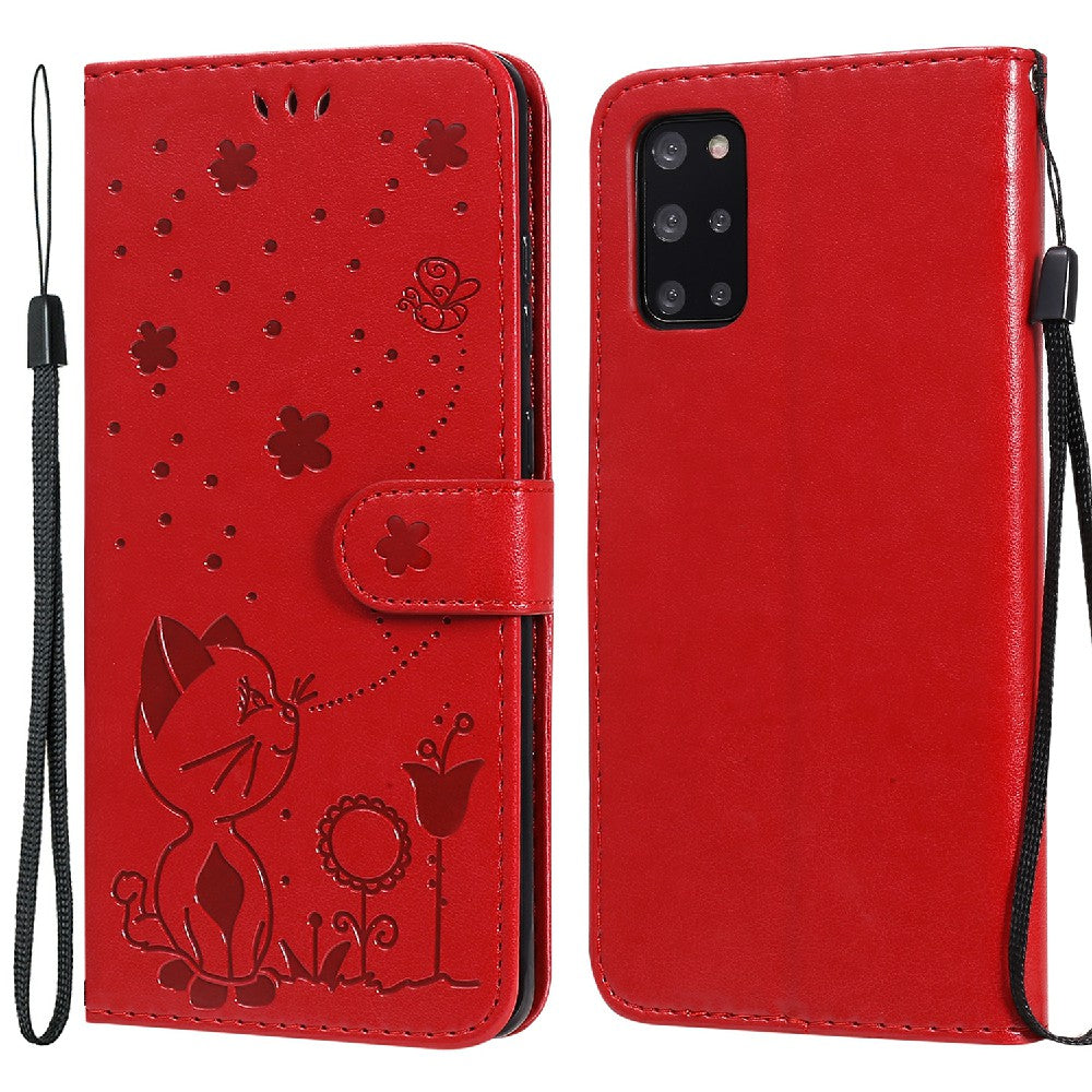 KT Imprinting Flower Series-4 Cat and Bee Pattern Imprinted Protective Cover Stand Wallet Leather Case for Samsung Galaxy S20 Plus 4G/5G - Red