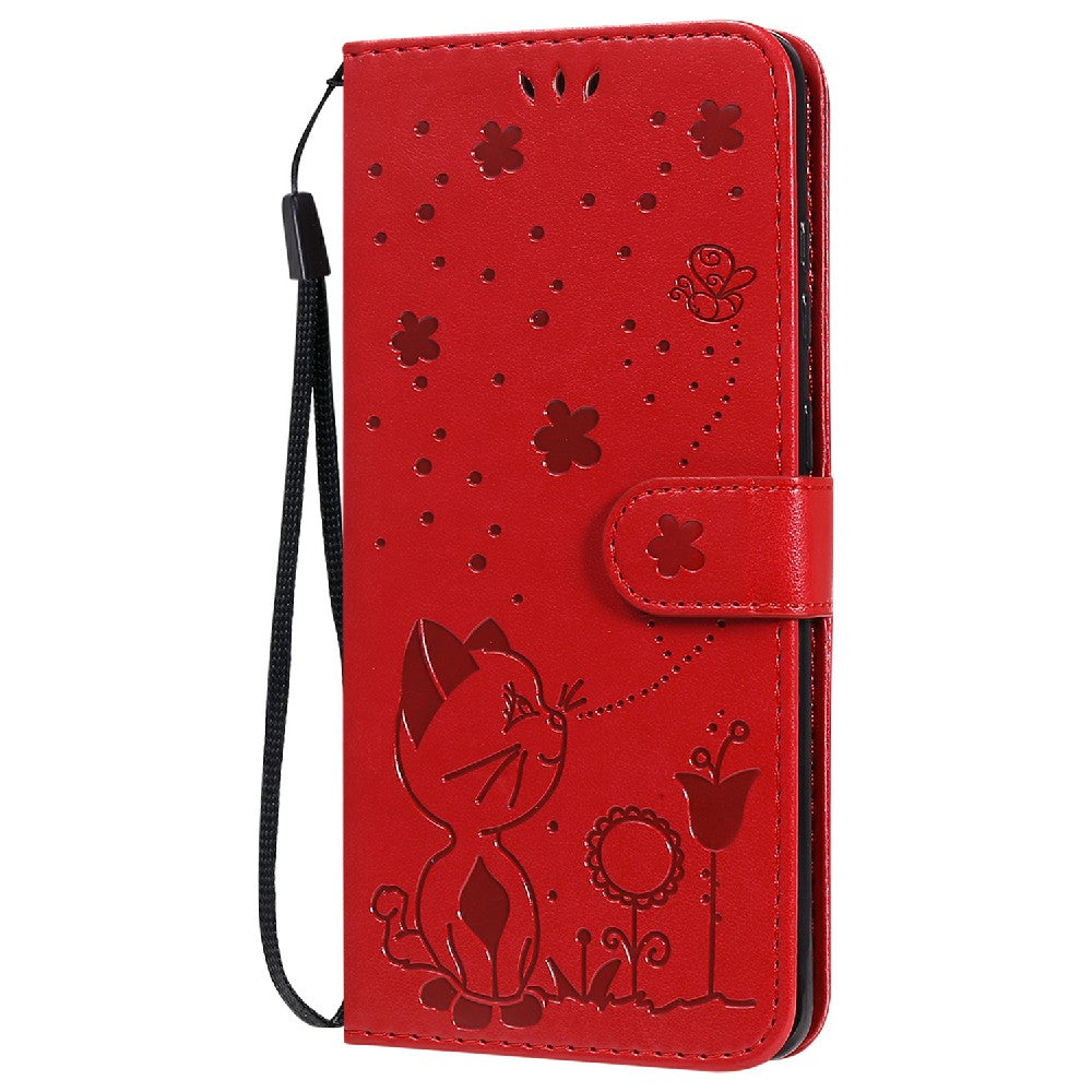 KT Imprinting Flower Series-4 Cat and Bee Pattern Imprinted Protective Cover Stand Wallet Leather Case for Samsung Galaxy S20 Plus 4G/5G - Red