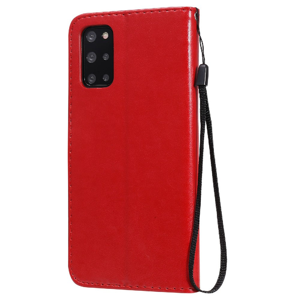 KT Imprinting Flower Series-4 Cat and Bee Pattern Imprinted Protective Cover Stand Wallet Leather Case for Samsung Galaxy S20 Plus 4G/5G - Red