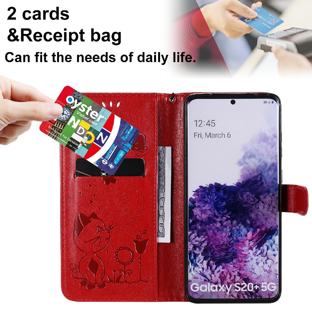 KT Imprinting Flower Series-4 Cat and Bee Pattern Imprinted Protective Cover Stand Wallet Leather Case for Samsung Galaxy S20 Plus 4G/5G - Red