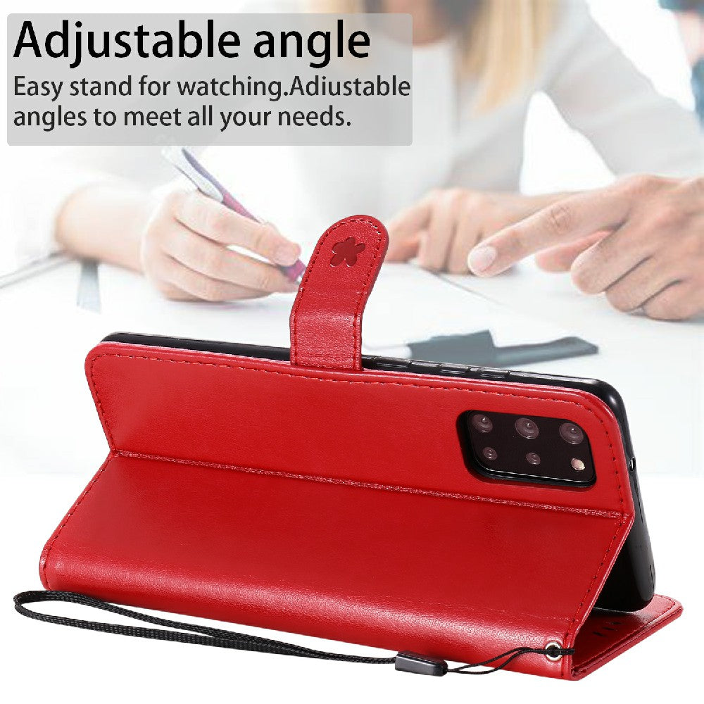 KT Imprinting Flower Series-4 Cat and Bee Pattern Imprinted Protective Cover Stand Wallet Leather Case for Samsung Galaxy S20 Plus 4G/5G - Red