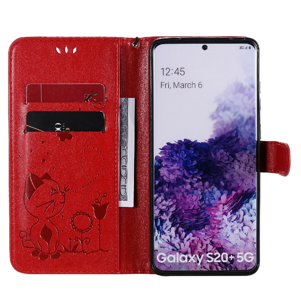 KT Imprinting Flower Series-4 Cat and Bee Pattern Imprinted Protective Cover Stand Wallet Leather Case for Samsung Galaxy S20 Plus 4G/5G - Red