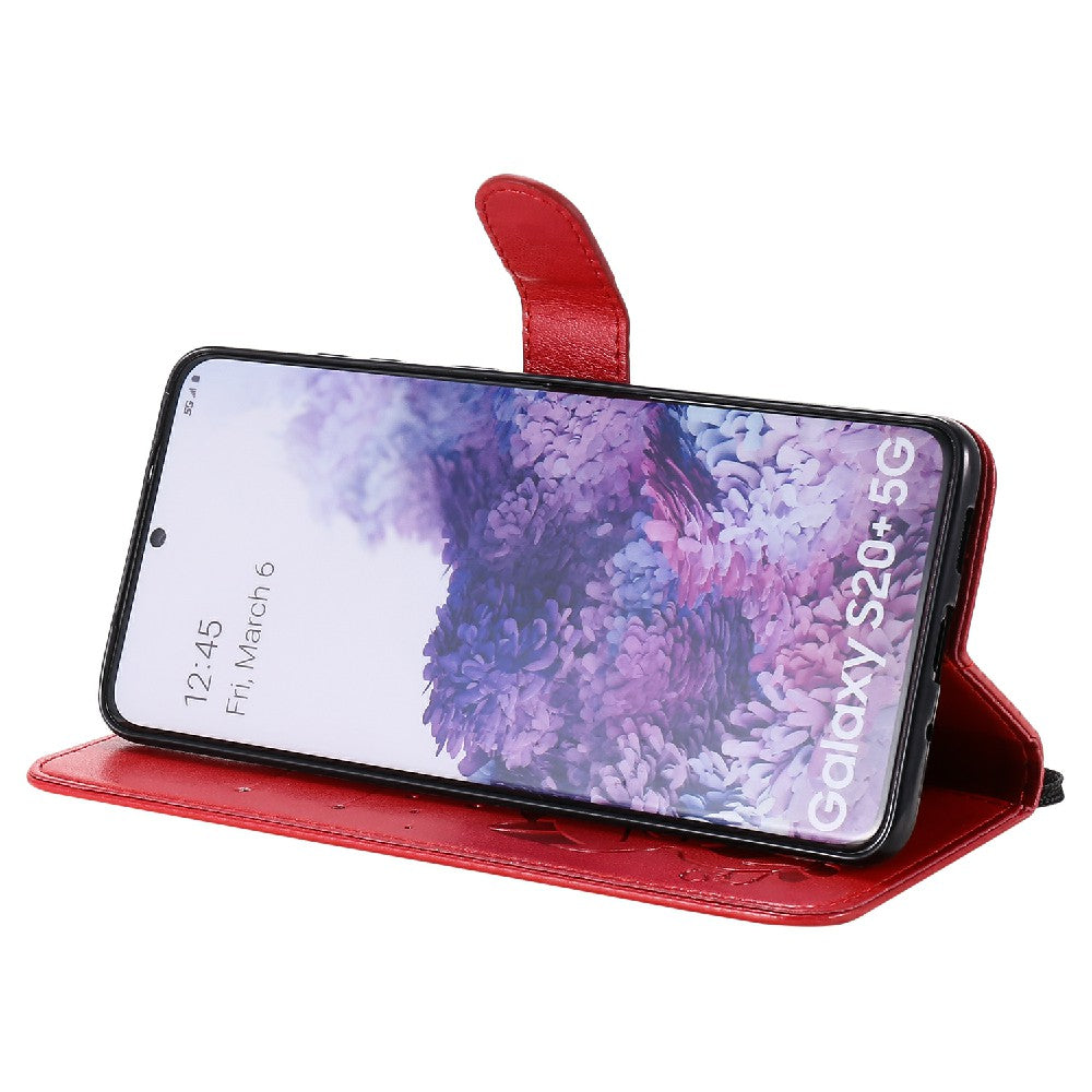 KT Imprinting Flower Series-4 Cat and Bee Pattern Imprinted Protective Cover Stand Wallet Leather Case for Samsung Galaxy S20 Plus 4G/5G - Red