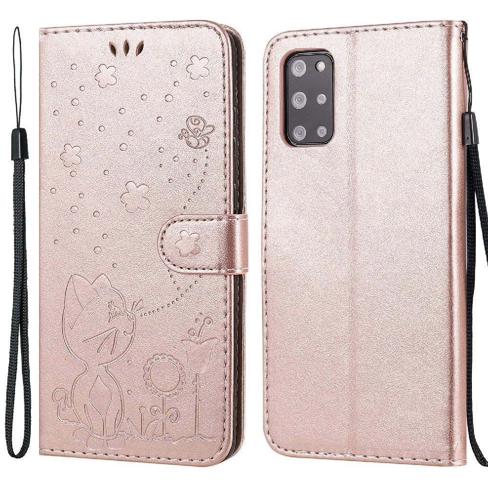 KT Imprinting Flower Series-4 Cat and Bee Pattern Imprinted Protective Cover Stand Wallet Leather Case for Samsung Galaxy S20 Plus 4G/5G - Rose Gold