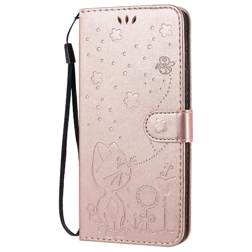 KT Imprinting Flower Series-4 Cat and Bee Pattern Imprinted Protective Cover Stand Wallet Leather Case for Samsung Galaxy S20 Plus 4G/5G - Rose Gold