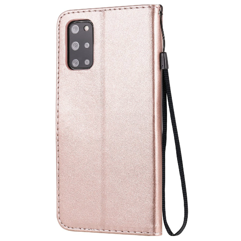 KT Imprinting Flower Series-4 Cat and Bee Pattern Imprinted Protective Cover Stand Wallet Leather Case for Samsung Galaxy S20 Plus 4G/5G - Rose Gold