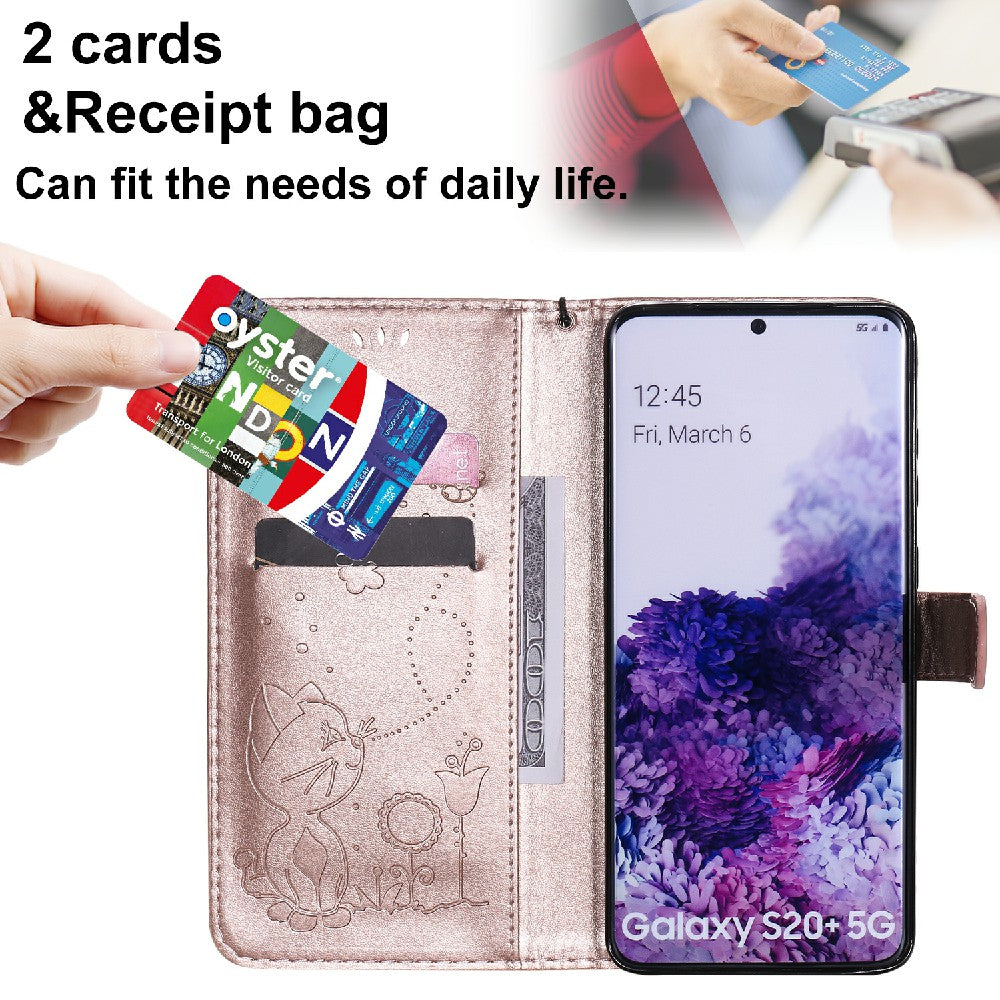 KT Imprinting Flower Series-4 Cat and Bee Pattern Imprinted Protective Cover Stand Wallet Leather Case for Samsung Galaxy S20 Plus 4G/5G - Rose Gold