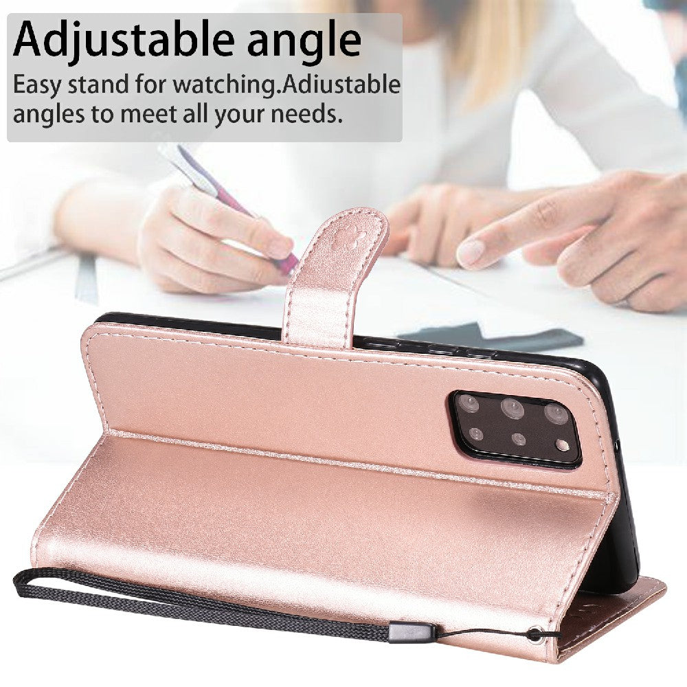 KT Imprinting Flower Series-4 Cat and Bee Pattern Imprinted Protective Cover Stand Wallet Leather Case for Samsung Galaxy S20 Plus 4G/5G - Rose Gold