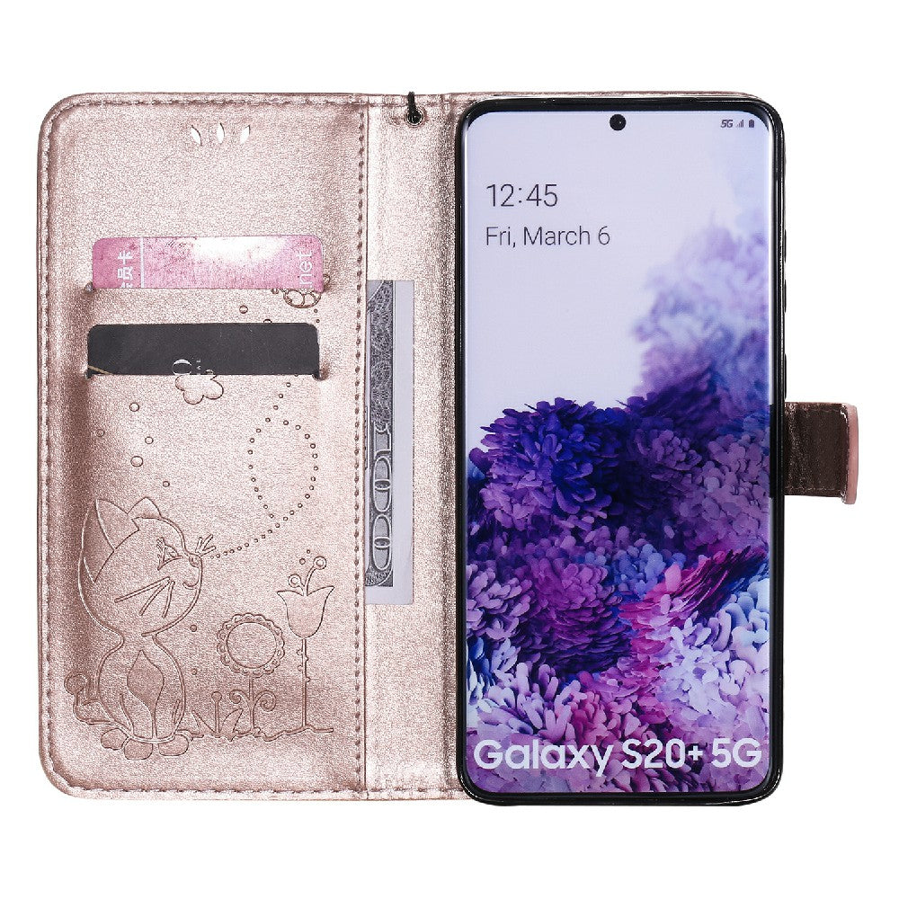 KT Imprinting Flower Series-4 Cat and Bee Pattern Imprinted Protective Cover Stand Wallet Leather Case for Samsung Galaxy S20 Plus 4G/5G - Rose Gold