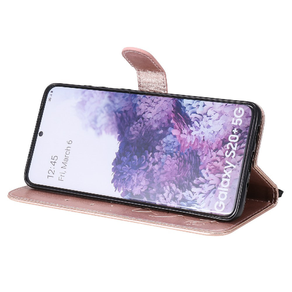 KT Imprinting Flower Series-4 Cat and Bee Pattern Imprinted Protective Cover Stand Wallet Leather Case for Samsung Galaxy S20 Plus 4G/5G - Rose Gold