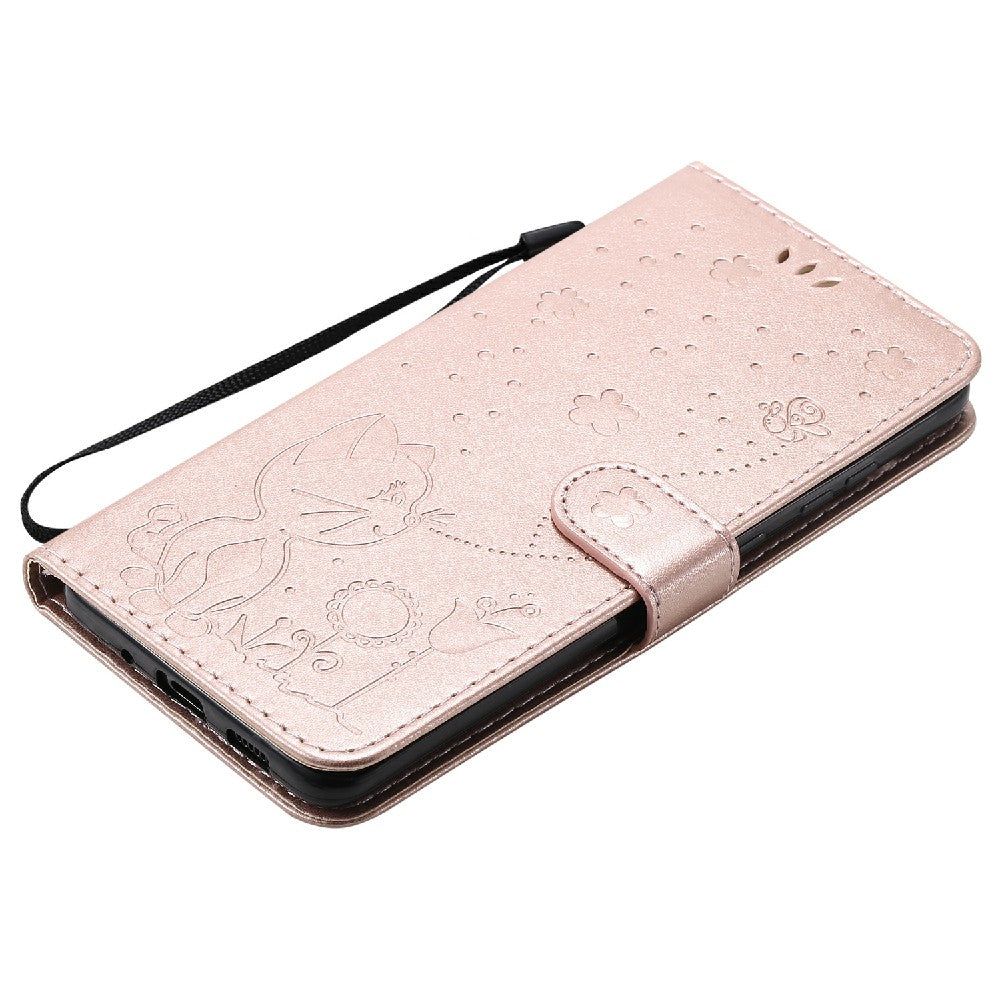 KT Imprinting Flower Series-4 Cat and Bee Pattern Imprinted Protective Cover Stand Wallet Leather Case for Samsung Galaxy S20 Plus 4G/5G - Rose Gold
