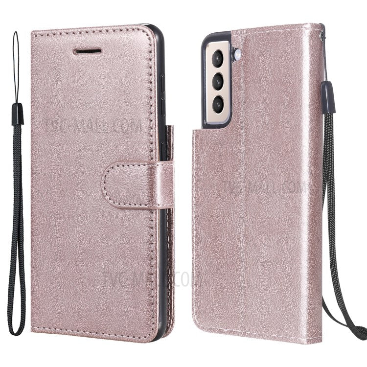 KT Leather Series-2 Wallet Stand Design Anti-Scratch TPU+PU Leather Phone Casing with Handy Strap for Samsung Galaxy S21 5G/4G - Rose Gold