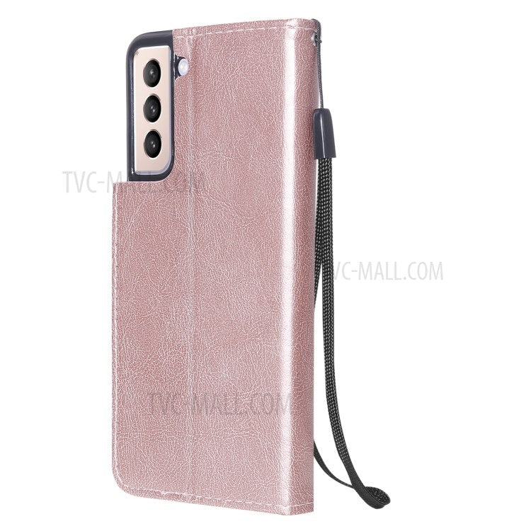 KT Leather Series-2 Wallet Stand Design Anti-Scratch TPU+PU Leather Phone Casing with Handy Strap for Samsung Galaxy S21 5G/4G - Rose Gold