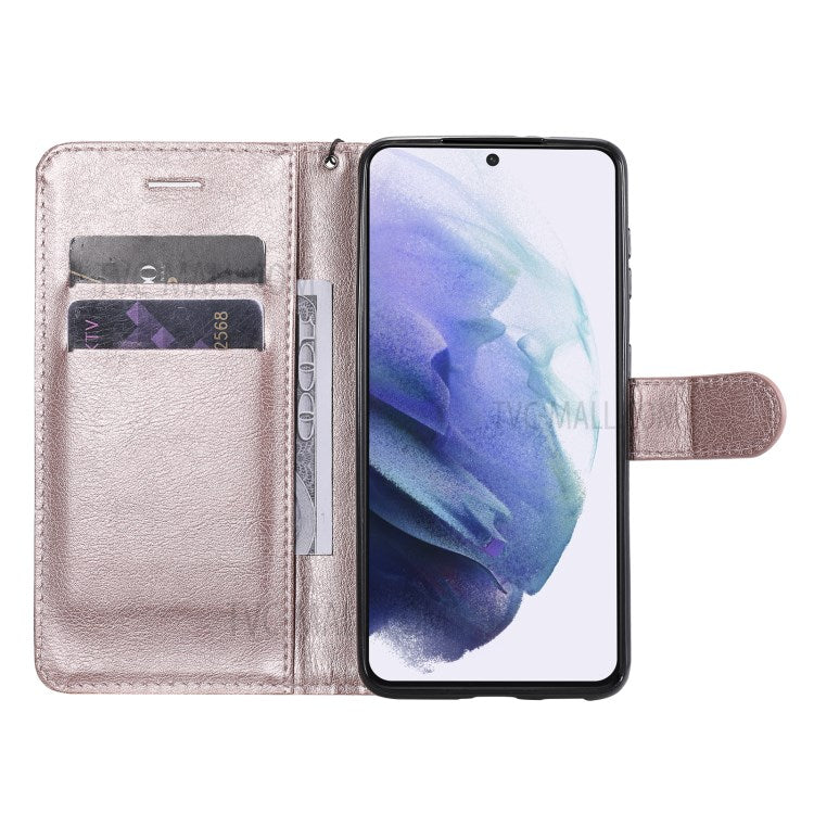 KT Leather Series-2 Wallet Stand Design Anti-Scratch TPU+PU Leather Phone Casing with Handy Strap for Samsung Galaxy S21 5G/4G - Rose Gold