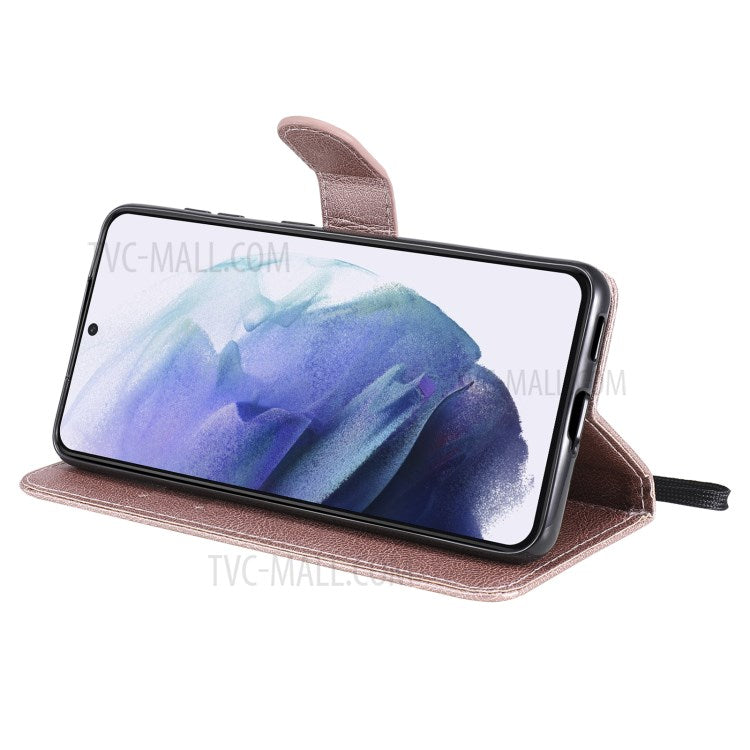 KT Leather Series-2 Wallet Stand Design Anti-Scratch TPU+PU Leather Phone Casing with Handy Strap for Samsung Galaxy S21 5G/4G - Rose Gold