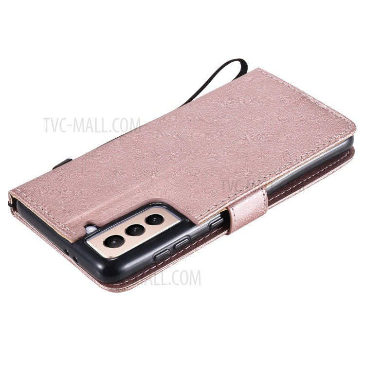 KT Leather Series-2 Wallet Stand Design Anti-Scratch TPU+PU Leather Phone Casing with Handy Strap for Samsung Galaxy S21 5G/4G - Rose Gold