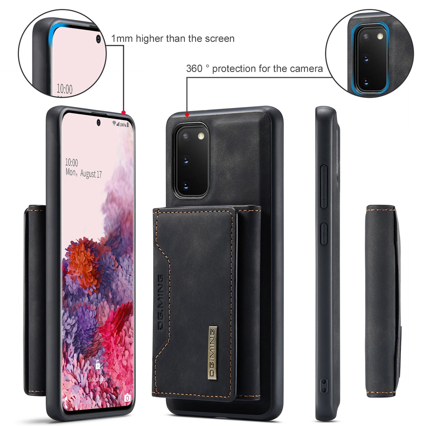 DG.MING M2 Series Wireless Charging Detachable Wallet 2-in-1 Shockproof Hybrid Phone Cover Shell with Horizontal-Viewing Kickstand for Samsung Galaxy S20 4G/S20 5G - Black