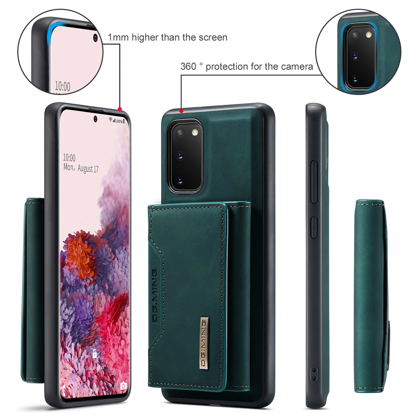 DG.MING M2 Series Wireless Charging Detachable Wallet 2-in-1 Shockproof Hybrid Phone Cover Shell with Horizontal-Viewing Kickstand for Samsung Galaxy S20 4G/S20 5G - Green