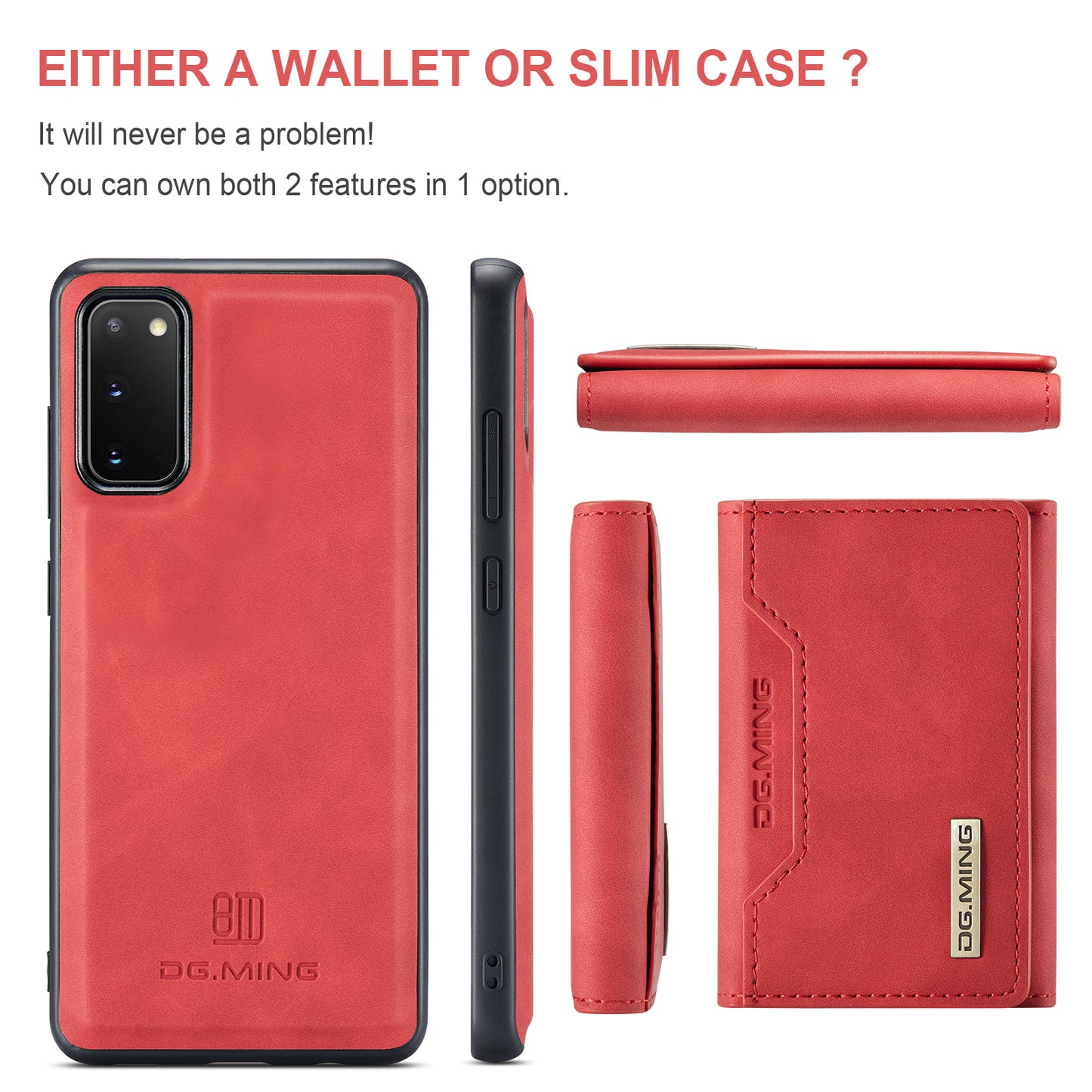 DG.MING M2 Series Wireless Charging Detachable Wallet 2-in-1 Shockproof Hybrid Phone Cover Shell with Horizontal-Viewing Kickstand for Samsung Galaxy S20 4G/S20 5G - Red