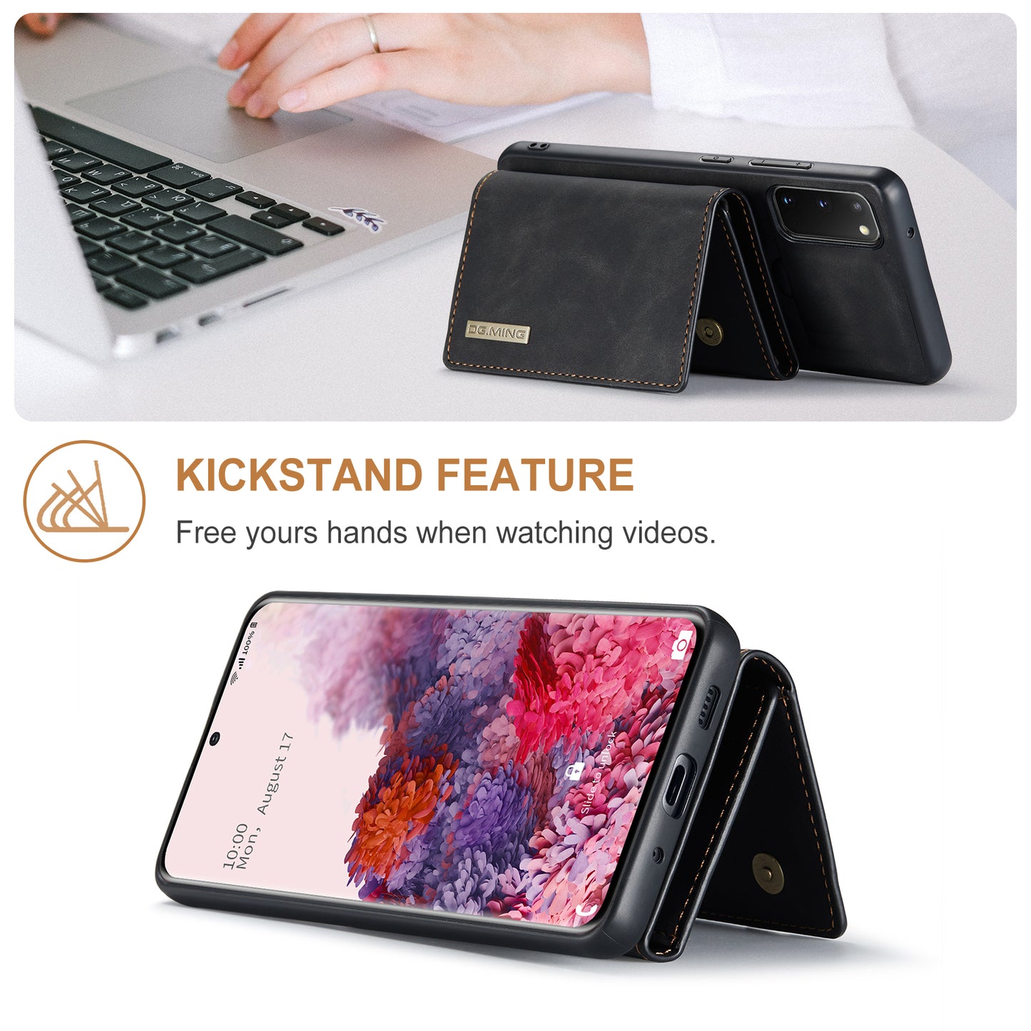 DG.MING M1 Series Powerful Magnet Wireless Charging Anti-Scratch Detachable Wallet 2-in-1 Hybrid Phone Shell with Kickstand for Samsung Galaxy S20 4G/S20 5G - Black