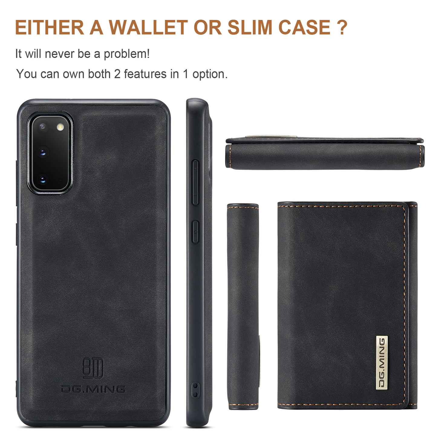 DG.MING M1 Series Powerful Magnet Wireless Charging Anti-Scratch Detachable Wallet 2-in-1 Hybrid Phone Shell with Kickstand for Samsung Galaxy S20 4G/S20 5G - Black