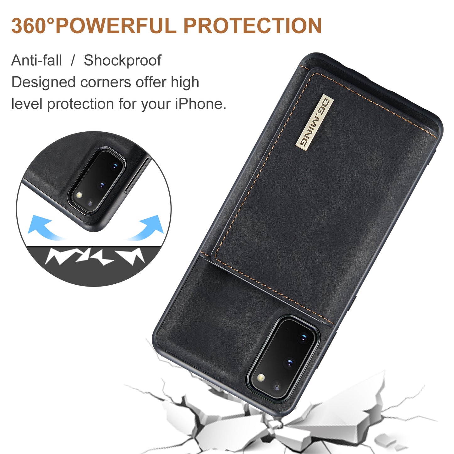 DG.MING M1 Series Powerful Magnet Wireless Charging Anti-Scratch Detachable Wallet 2-in-1 Hybrid Phone Shell with Kickstand for Samsung Galaxy S20 4G/S20 5G - Black