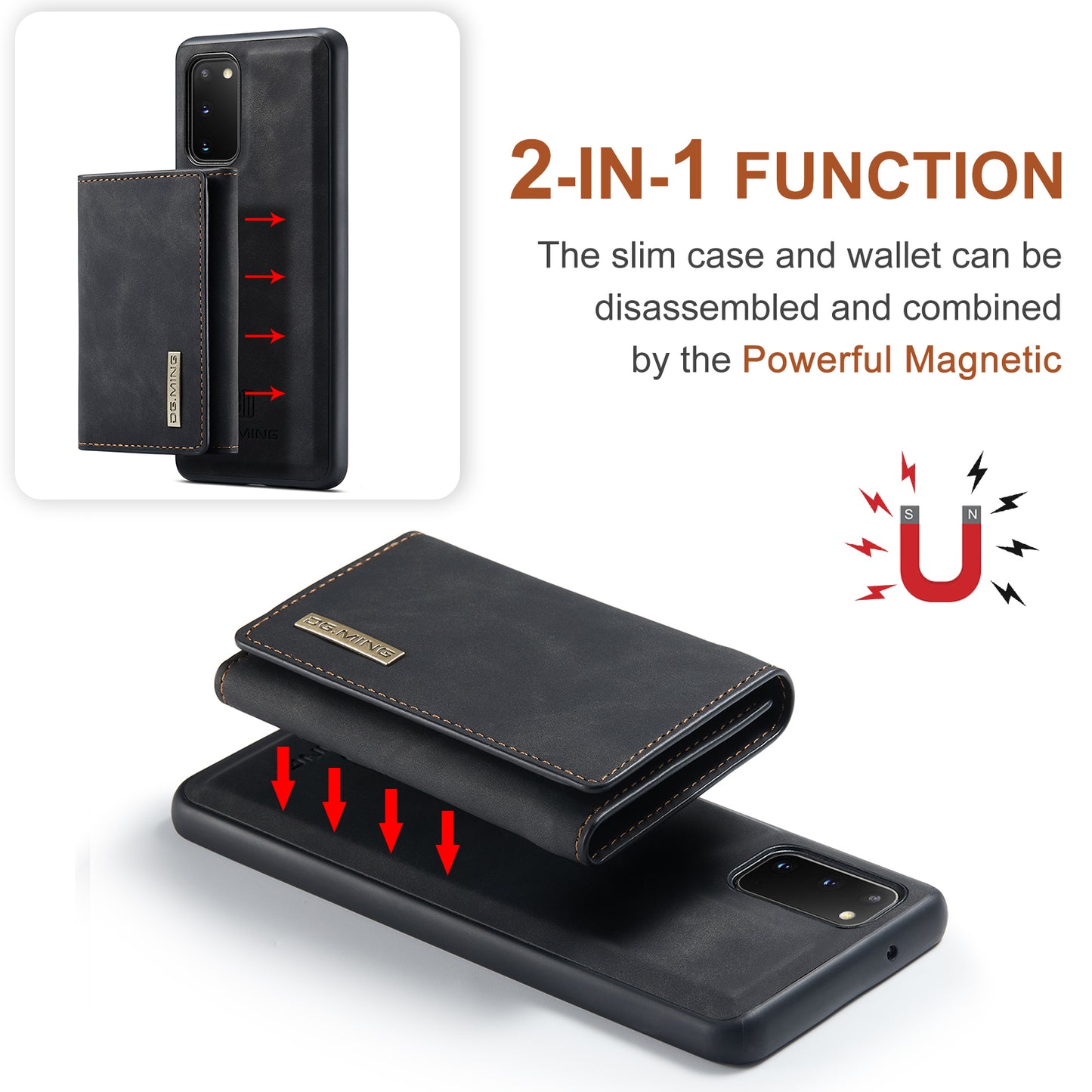 DG.MING M1 Series Powerful Magnet Wireless Charging Anti-Scratch Detachable Wallet 2-in-1 Hybrid Phone Shell with Kickstand for Samsung Galaxy S20 4G/S20 5G - Black