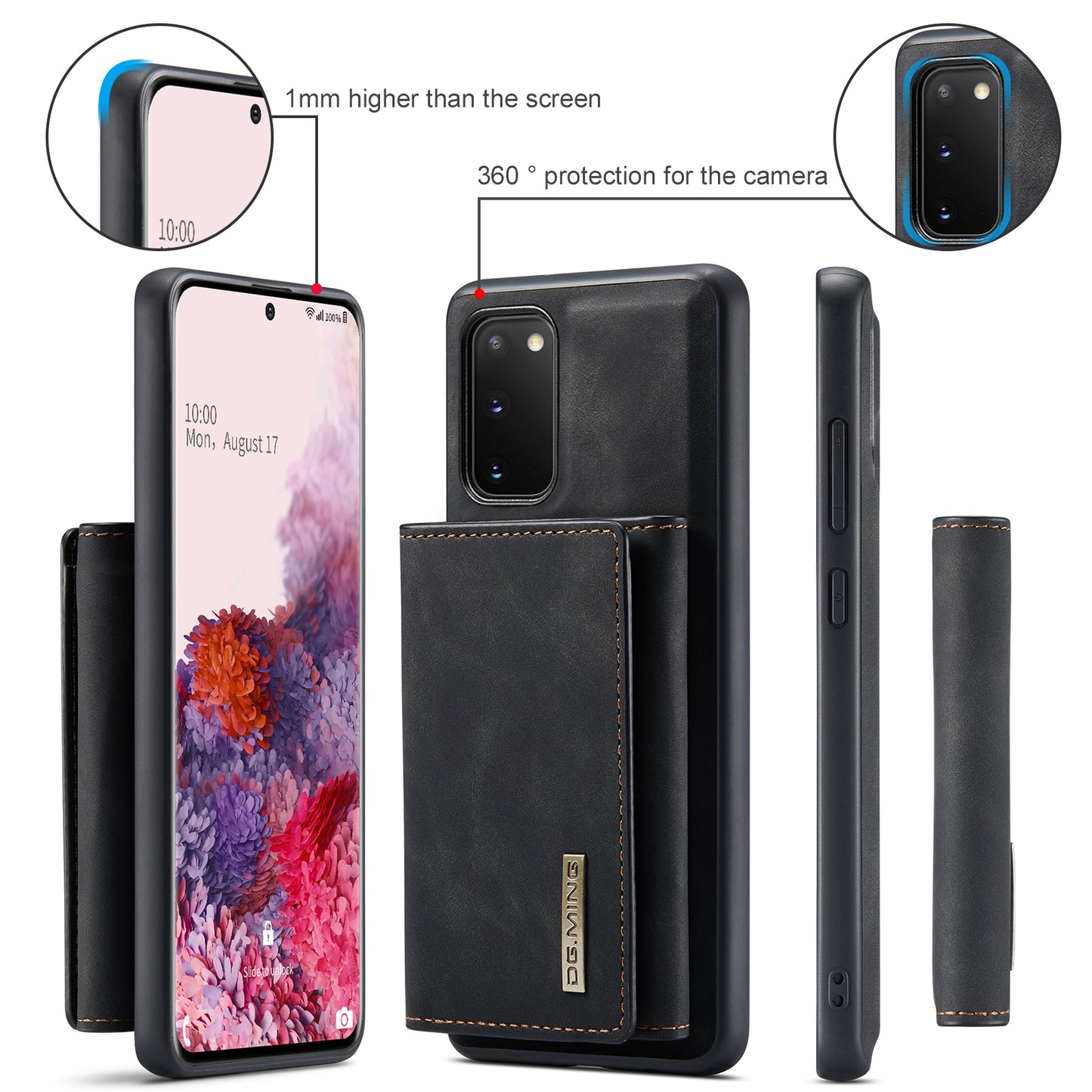 DG.MING M1 Series Powerful Magnet Wireless Charging Anti-Scratch Detachable Wallet 2-in-1 Hybrid Phone Shell with Kickstand for Samsung Galaxy S20 4G/S20 5G - Black