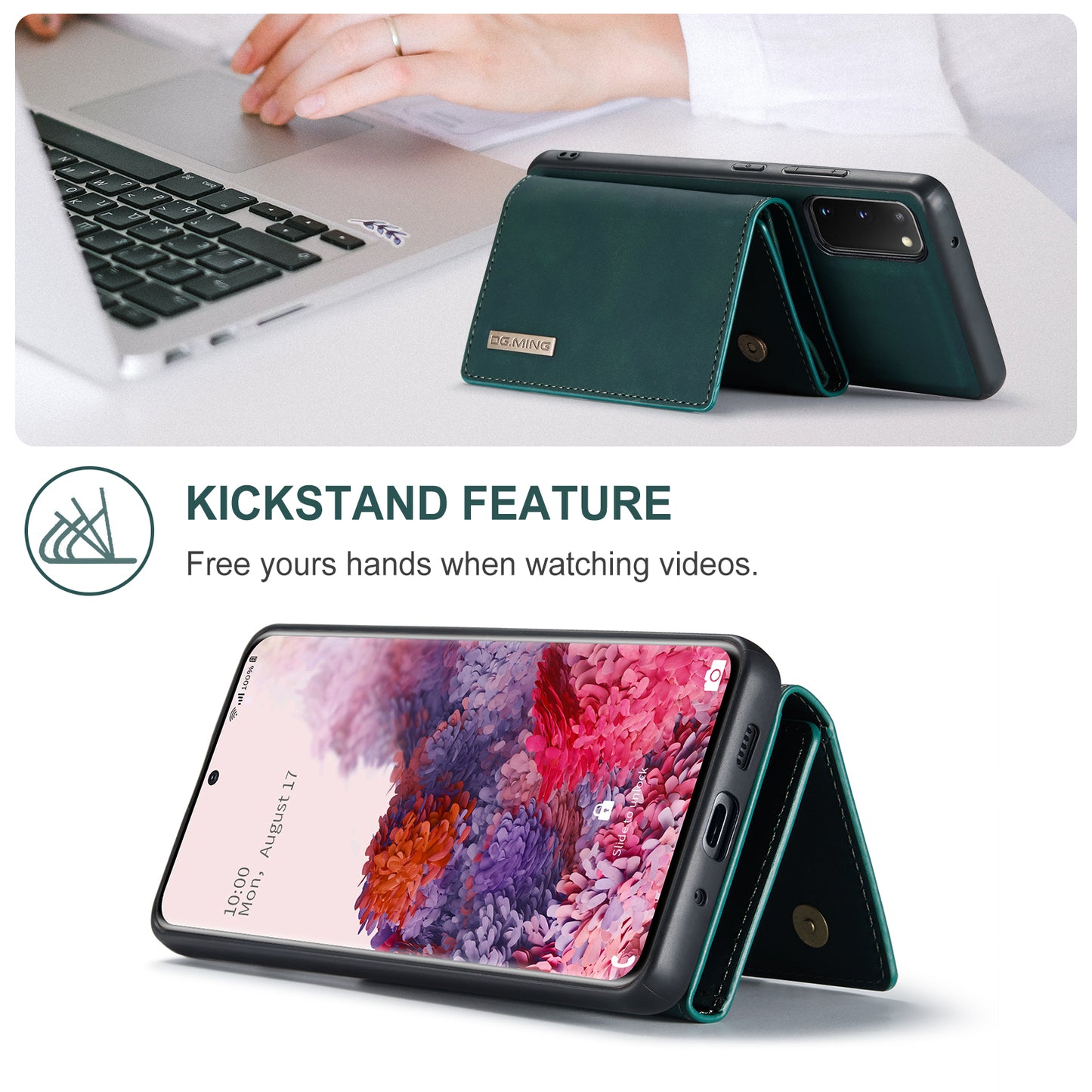 DG.MING M1 Series Powerful Magnet Wireless Charging Anti-Scratch Detachable Wallet 2-in-1 Hybrid Phone Shell with Kickstand for Samsung Galaxy S20 4G/S20 5G - Green