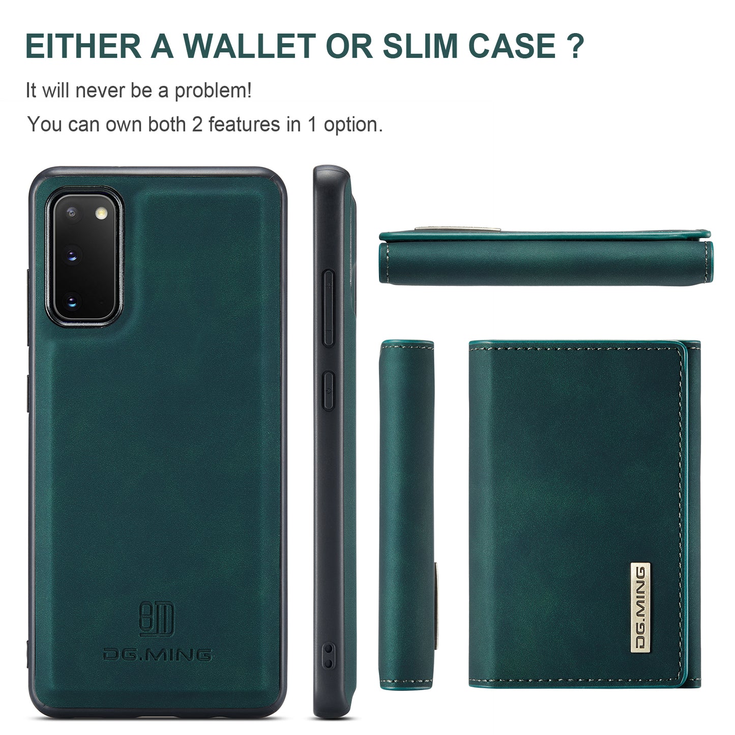 DG.MING M1 Series Powerful Magnet Wireless Charging Anti-Scratch Detachable Wallet 2-in-1 Hybrid Phone Shell with Kickstand for Samsung Galaxy S20 4G/S20 5G - Green