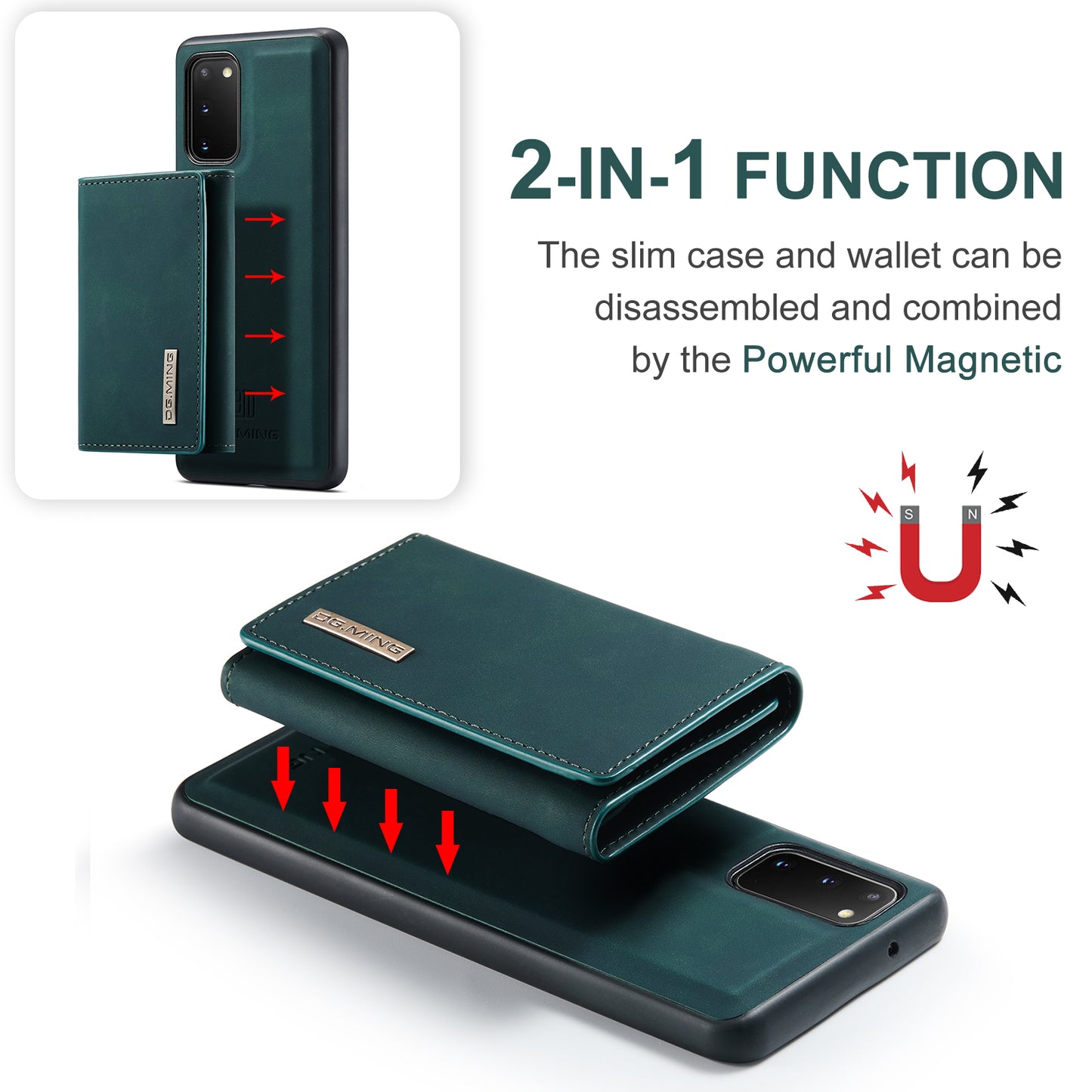DG.MING M1 Series Powerful Magnet Wireless Charging Anti-Scratch Detachable Wallet 2-in-1 Hybrid Phone Shell with Kickstand for Samsung Galaxy S20 4G/S20 5G - Green