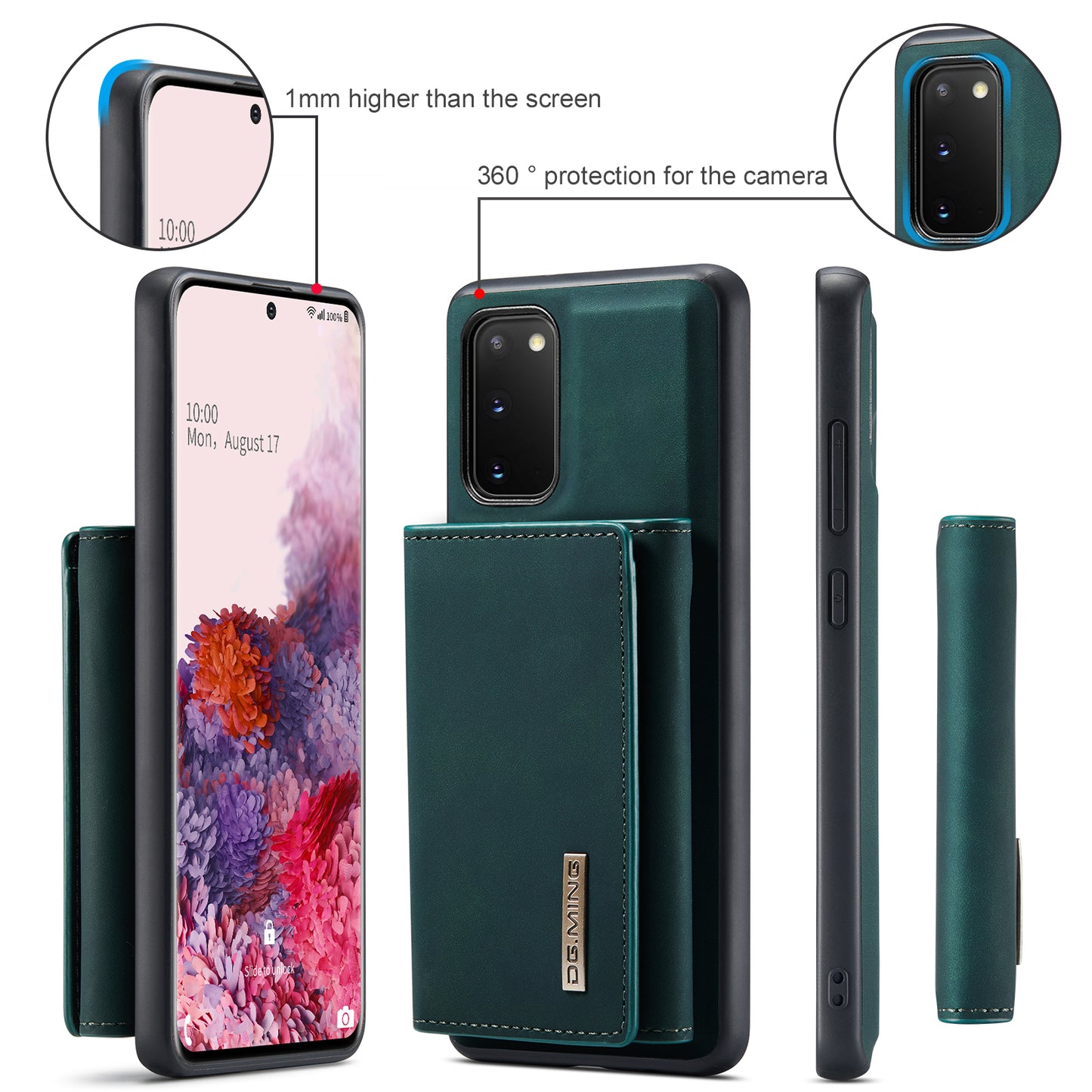 DG.MING M1 Series Powerful Magnet Wireless Charging Anti-Scratch Detachable Wallet 2-in-1 Hybrid Phone Shell with Kickstand for Samsung Galaxy S20 4G/S20 5G - Green