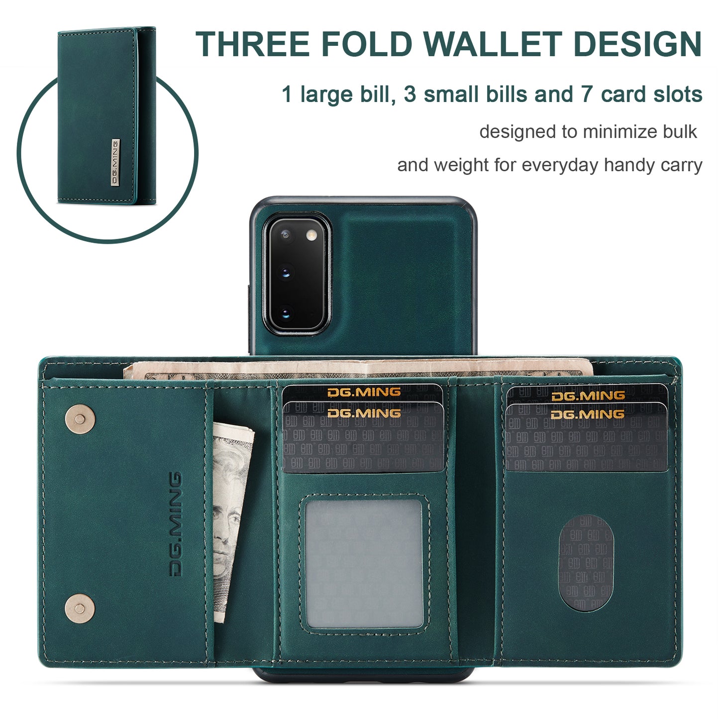 DG.MING M1 Series Powerful Magnet Wireless Charging Anti-Scratch Detachable Wallet 2-in-1 Hybrid Phone Shell with Kickstand for Samsung Galaxy S20 4G/S20 5G - Green