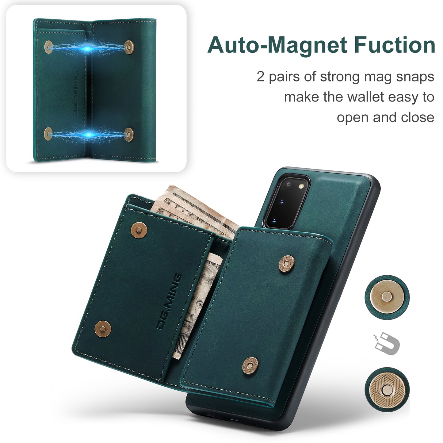 DG.MING M1 Series Powerful Magnet Wireless Charging Anti-Scratch Detachable Wallet 2-in-1 Hybrid Phone Shell with Kickstand for Samsung Galaxy S20 4G/S20 5G - Green