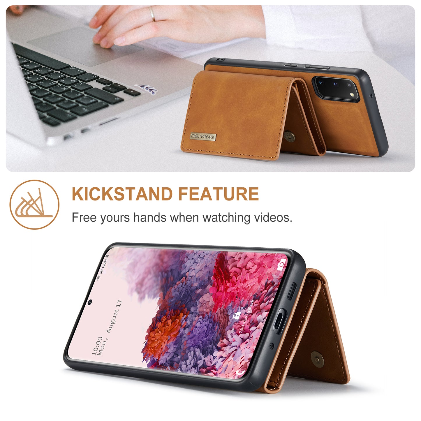 DG.MING M1 Series Powerful Magnet Wireless Charging Anti-Scratch Detachable Wallet 2-in-1 Hybrid Phone Shell with Kickstand for Samsung Galaxy S20 4G/S20 5G - Brown