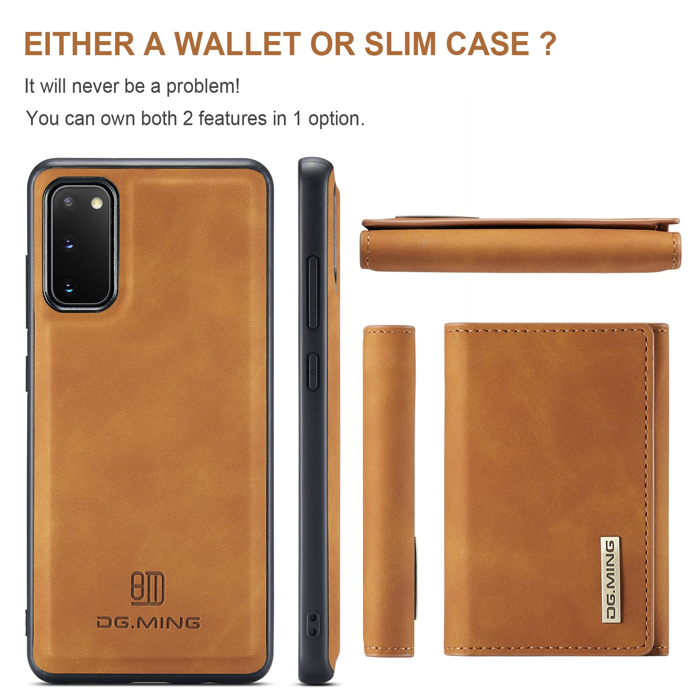 DG.MING M1 Series Powerful Magnet Wireless Charging Anti-Scratch Detachable Wallet 2-in-1 Hybrid Phone Shell with Kickstand for Samsung Galaxy S20 4G/S20 5G - Brown